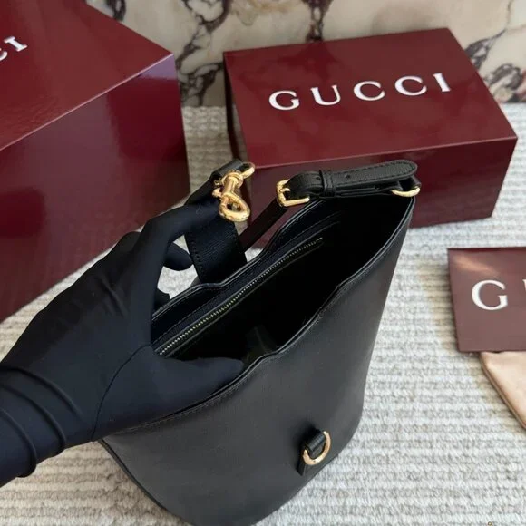 Gucci Black Leather Mini Bucket Bag Web Stripe Shoulder Strap + Box - Picture 8 of 8